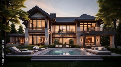 3d rendering of modern cozy clinker house on the ponds with garage and pool for sale or rent. Clear summer night with many stars on the sky. With many people on the lawn.