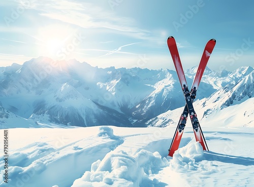 Red cross skis crossed in the snow against snowy mountains and blue sky with sun rays