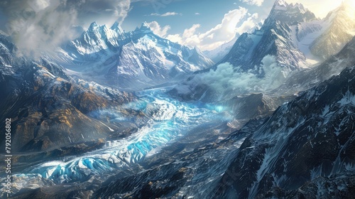 A majestic glacier winding its way through a rugged mountain landscape, its icy blue hues shimmering in the sunlight as towering peaks cast their reflections upon its crystalline surface,