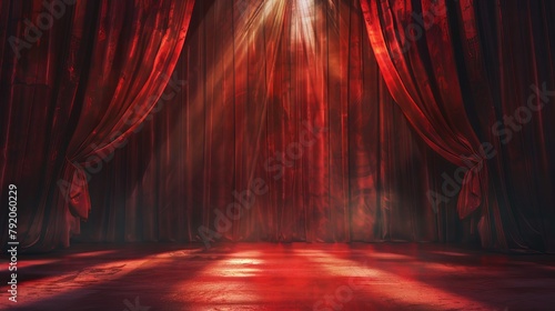 Spotlight illuminates a maroon red curtain on a theater stage, setting a dramatic art performance scene