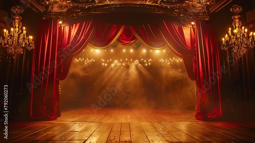 Stage set with golden hues and loop lighting, framed by red curtains