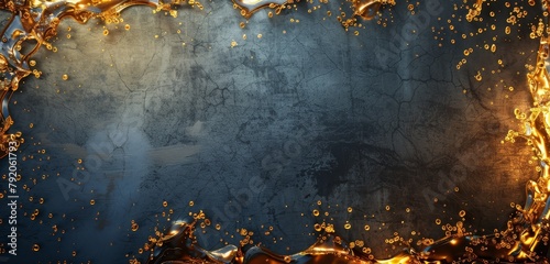 Dramatic golden splash on a dark blue grunge textured background create a frame for text or a product.