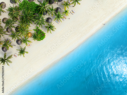 Aerial view of green palm trees, umbrellas on the empty sandy beach, blue sea at sunset. Summer travel in Kendwa, Zanzibar island. Tropical landscape with palms, white sand, clear ocean. Top view