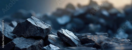Coal chunks are piled in a heap, displaying varying shades of black and gray under a subdued light, capturing the raw texture and potential energy within.