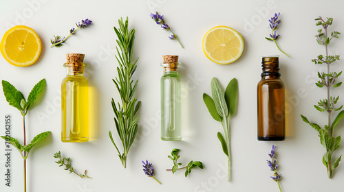 Various essential oils and herbs in bottles on table