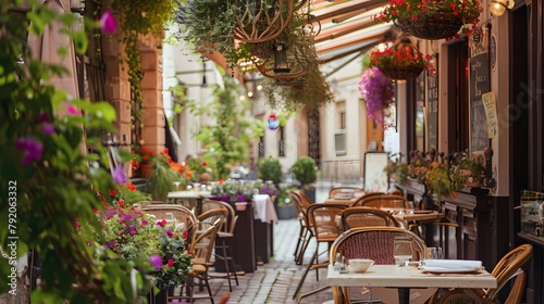 A charming bistro with a patio adorned with hanging baskets of lavender and geraniums, offering a picturesque setting with views of a bustling city square.