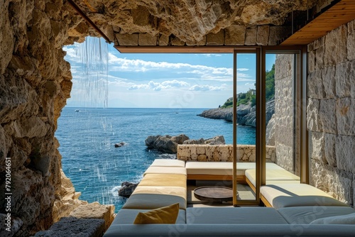 A living room of a villa shaped like blocks of limestone rock along the cliff facing the sea, with waterfalls from the roof