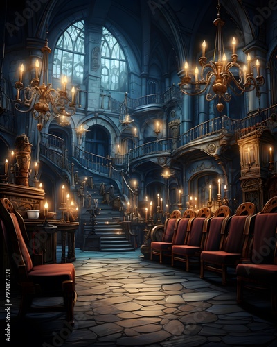 Illustration of an old baroque interior with chairs and chandeliers