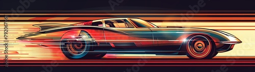 Bold vector illustration of a retrofuturistic car in motion, dynamic angles, bright and contrasting color palette