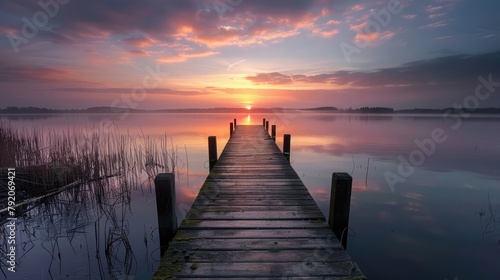 Small Dock at the lake water at sunset landscape, seascape sunrise