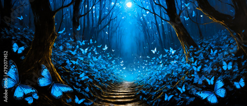 Painting of swarming phosphorescent blue butterflies at night in a dark forest in moonlight
