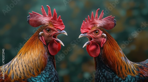 Two Phasianidae roosters with open beaks yelling ai each other