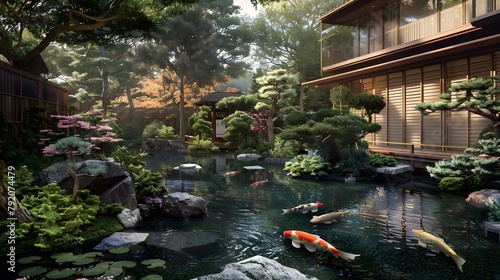 A Japanese-inspired garden with a serene koi pond, sculpted bonsai trees, and a traditional teahouse nestled among the foliage