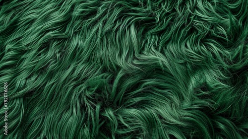 A top view of the green fur texture of a smooth, luxurious surface with shiny reflections as the light falls on it. Texture of green fur threads with a soft surface.