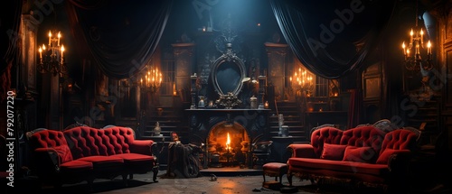 Luxury interior of a dark room with red leather sofa and fireplace