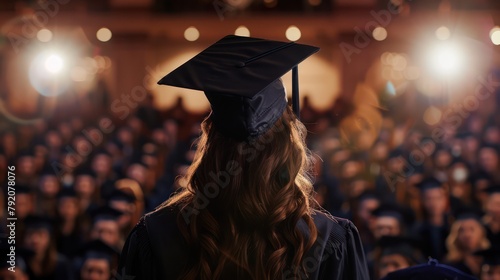From the back, a graduate in a cap and gown looks out over a crowd of peers, illuminated by ambient light The focus is on the anticipation of a new journey
