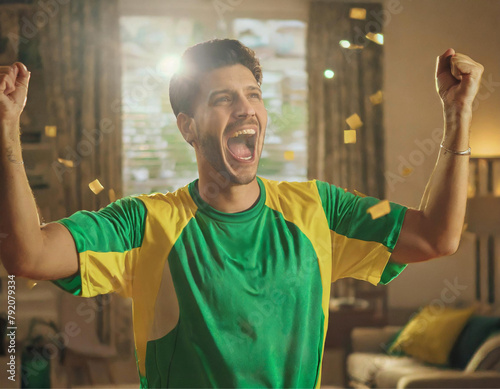 Um homem torcedor, usando uniforme do Brasil, com punhos fechados e braços para cima, gritando e comemorando, com confete caindo.