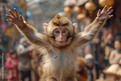 A monkey performing tricks at a street fair, entertaining crowds with its agility and charm. Concept of primate interaction in human entertainment. Generative Ai.