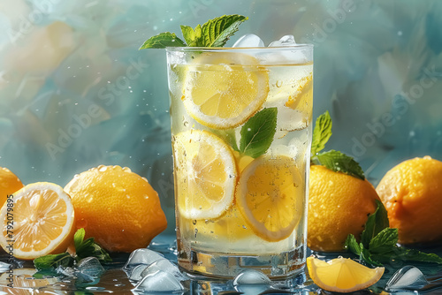 icy lemonade glass with fresh lemon slices and mint leaves on a refreshing background