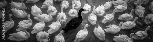The solitary black duck amidst a sea of white, symbolizing societal ostracization at dusk. A lone black duck stands among a crowd of white ones, encapsulating the struggles of being an outcast