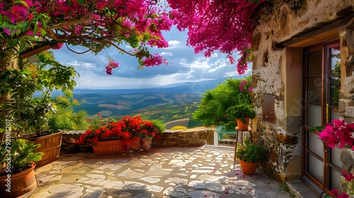 A picturesque courtyard with a stone wall covered in vibrant bougainvillea and jasmine, framing a stunning view of a lush valley below.