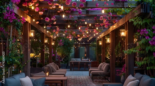 A picturesque pergola draped in flowering vines, with comfortable seating and twinkling string lights overhead.