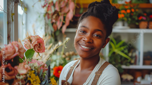 Mulher florista sorrindo em uma floricultura 