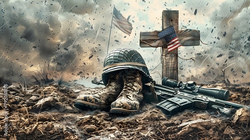 A powerful illustration of a battlefield cross, with a soldier's helmet resting atop a rifle planted firmly into the ground, accompanied by combat boots and a folded flag.