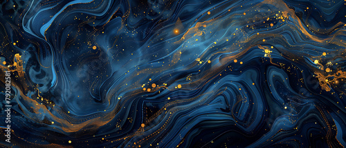 a mesmerizing interplay of swirling blue and golden lines. The dark blue lines create fluid, wave-like patterns
