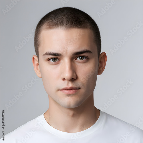 Young Man with Buzz Cut and Serious Expression