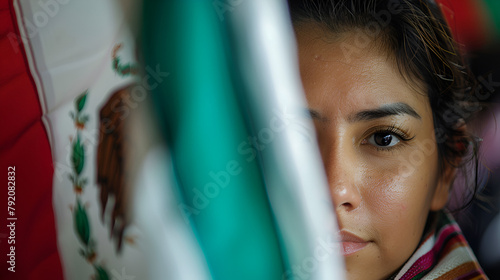 rostro de mujer en las elecciones nacionales de México con una bandera mexicana al costado tiempos de votaciones presidenciales elecciones gubernamentales elegir gobernantes