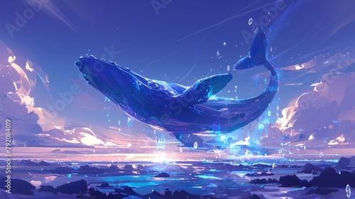 The whale gracefully breached the surface of the glistening ocean