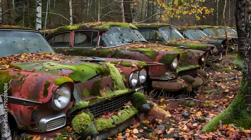 A row of veteran cars covered by moss and autumn leaves in scrapyard in Swedish forest.