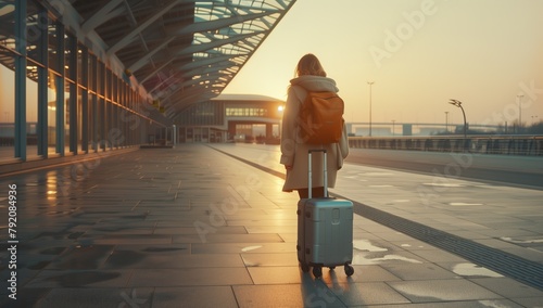 Woman Waiting With Suitcase at Airport