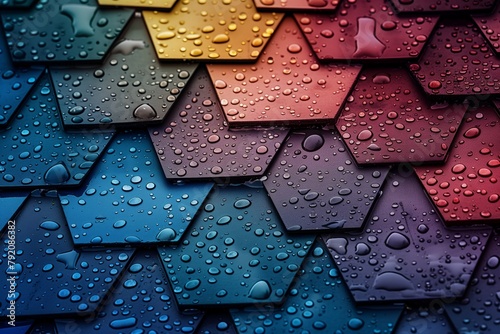 Roof Shingles, Color Gradient from Red to Blue, Raindrops, Dark Background with Rainbow