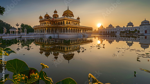 a golden-hued architectural structure reflected in calm waters, with the sun setting gracefully in the background
