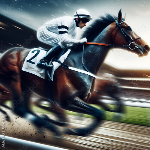 Jockey horse racing at night, racehorse sport stock image illustration, derby horse trainer in a race