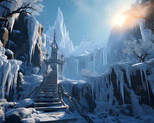 Beautiful winter landscape with frozen waterfall and wooden stairs in the mountains