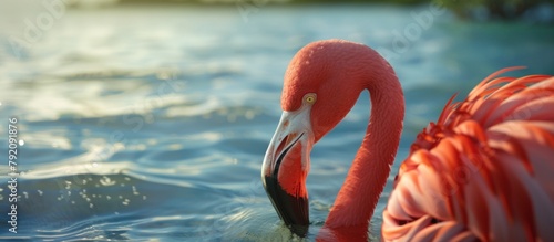 A closeup of a flamingo in the sea.