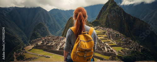 Red haired tourist girl with yellow backpack, back view, background amazing stunning landscape, travel concept, hiking, hiking.