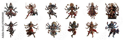Majestic statues of Goddess Kali in dynamic poses cut out png on transparent background