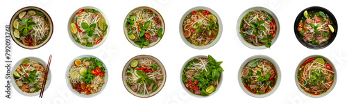 Assorted Vietnamese pho noodle soups with fresh herbs cut out png on transparent background