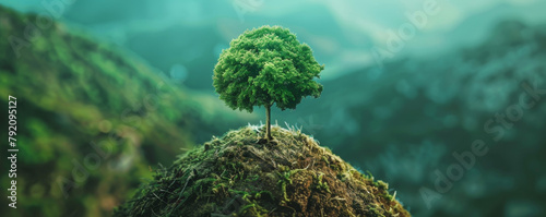 Small tree growing on a hilltop overlooking a lush green landscape