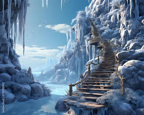 Fantasy landscape with frozen waterfall and wooden stairs. 3D illustration