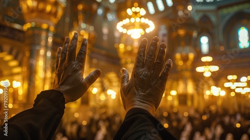 Muslim clergy with hands up praying inside of Holy Shrine of Imam Hussein in Karbala, Iraq.