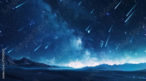 Starry sky with meteors streaking across the night. Generate AI image