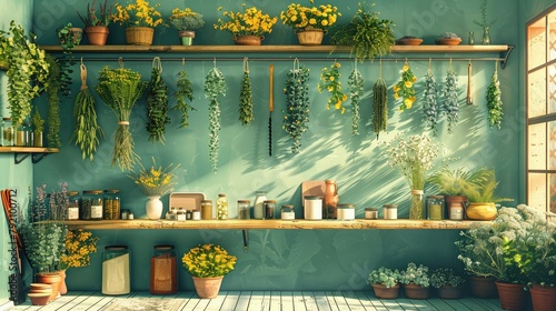 banner background National Herbalist Day theme, and wide copy space, herbal medicine, A herbalist's workshop with drying racks, herb bundles hanging, and tools of the trade, for banner, UHD image