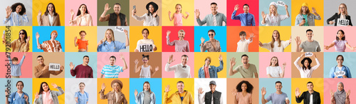 Collage of friendly people on color background