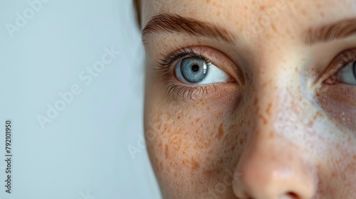 portrait the flabbiness adipose sagging skin under the eyes, ptosis beside the eyelid, blemish and freckles on the face, problem wrinkle and dark spots on the facial of the woman, concept health care.