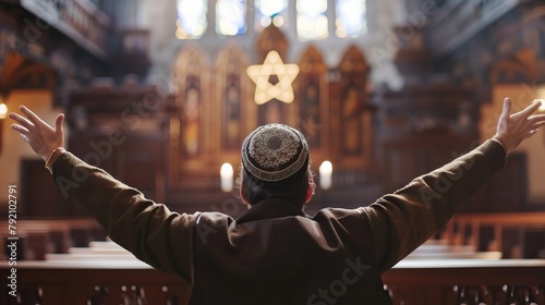 Rear view of a Jewish man celebrating in joy with his arms outstretched in the synagogue. He is wearing a yarmulke with the star of David embroidered on it.